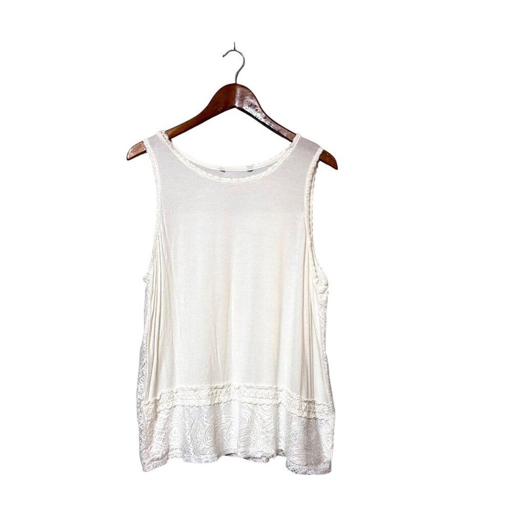 Sleeveless White Lace Trim Tank Top With Sheer‎ Back Panel